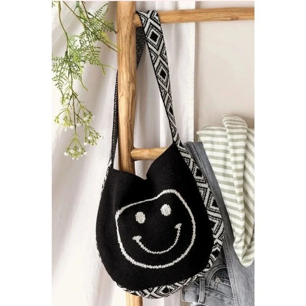 Black Knit Smiley Face Hobo Bag Geometric Diamond Trim Shoulder Bag